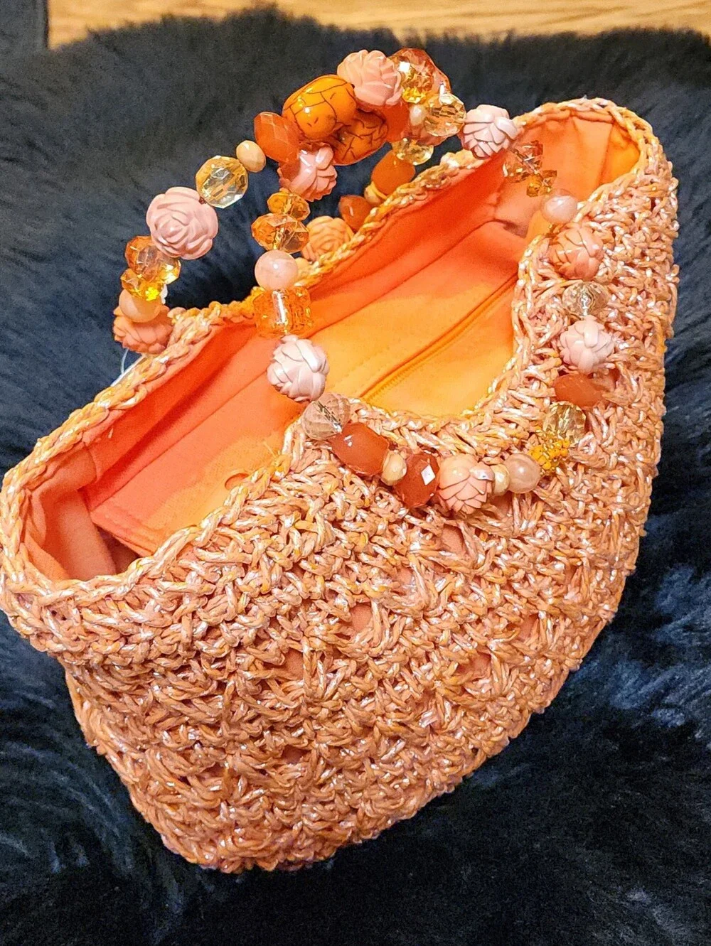 Gorgeous Handwoven Floral Beaded Handle Straw Tote Bag in Coral Orange